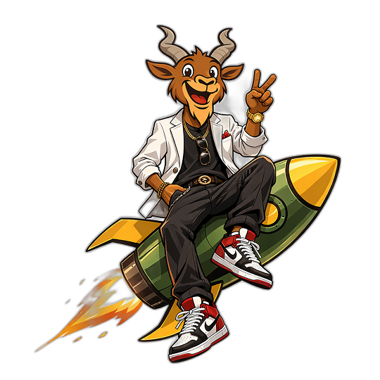 MARKHOR mascot riding a rocket to the moon